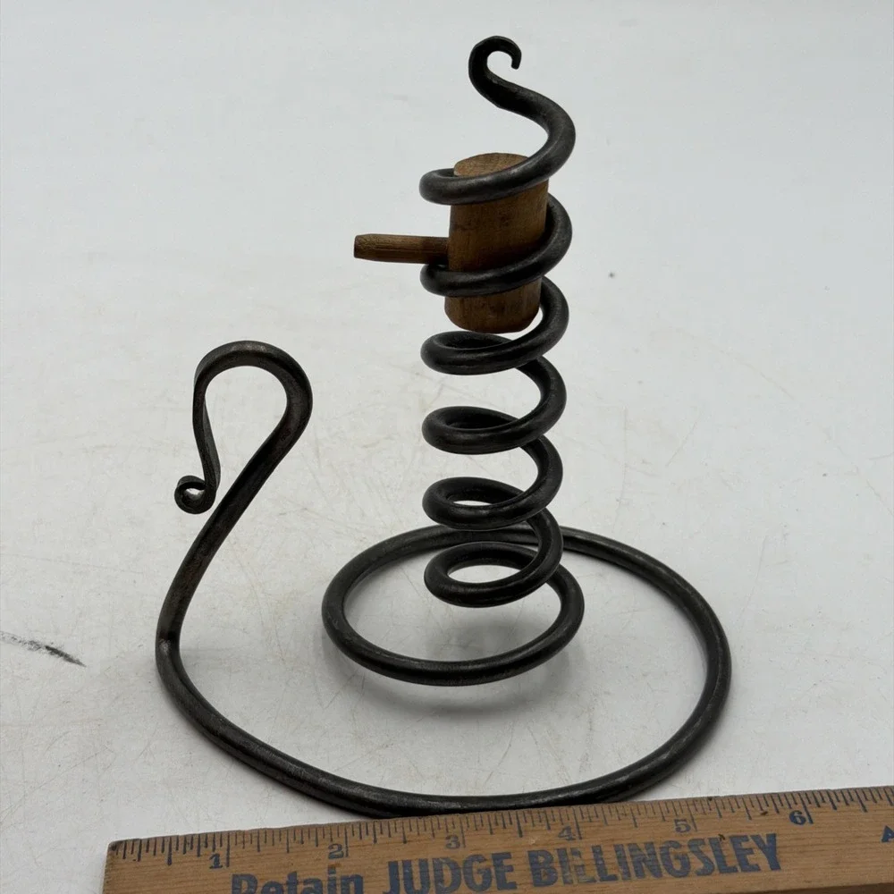 Vintage Primitive Iron Courting Candlestick/Candle Holder Wood Block Stopper